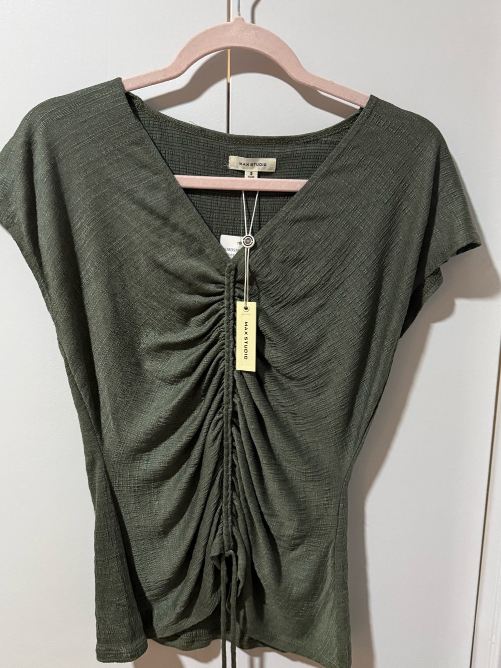 MAX STUDIO Olive Ruched V-Neck Women's Top -NWT